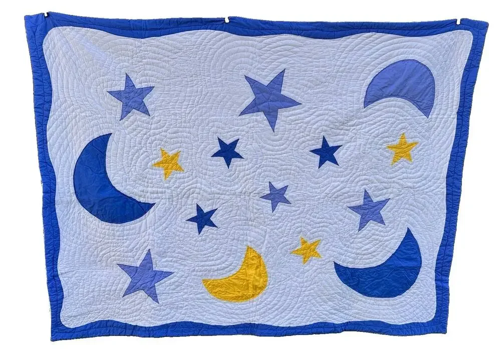 Handmade Bright Celestial Quilt Wholecloth Applique 81”x63” Twin Moon & Stars